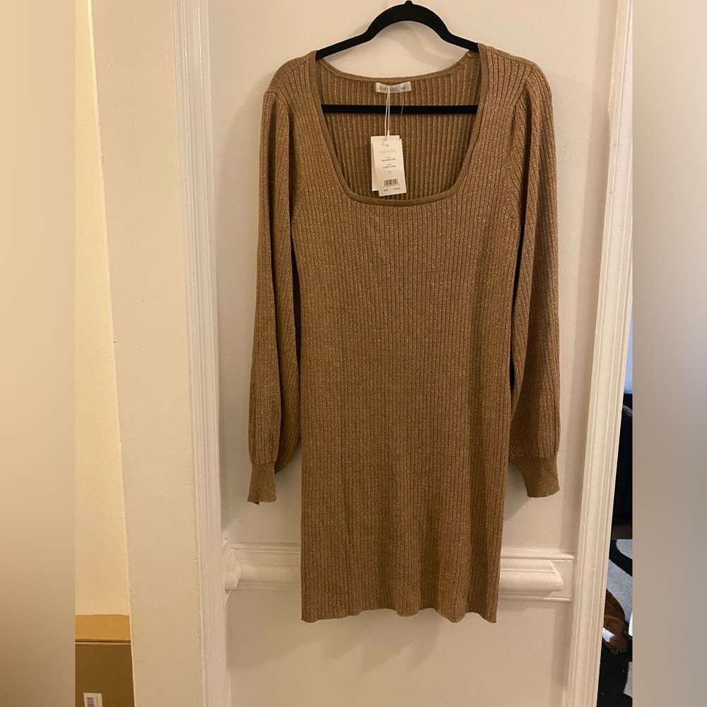 Blue Orchid Ribbed Scoop-Neck Long Sleeve Dress in Tan